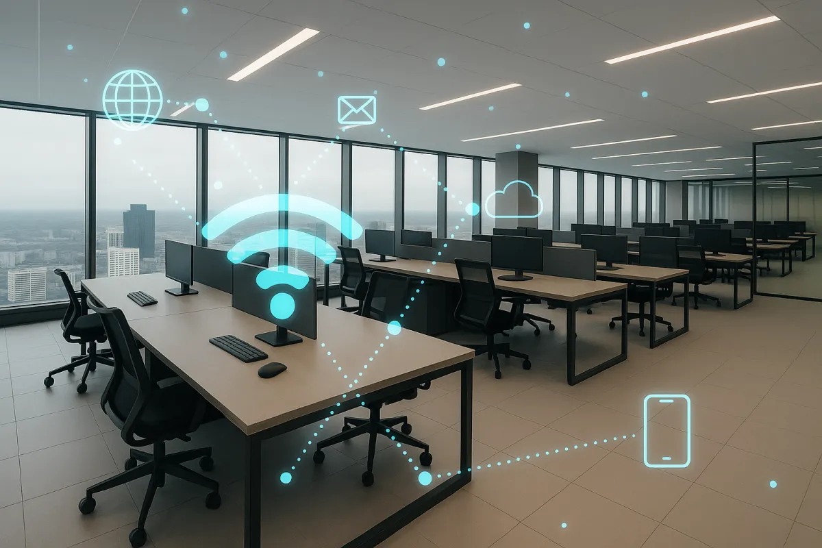 Open-plan office with a wireless connectivity graphic overlay