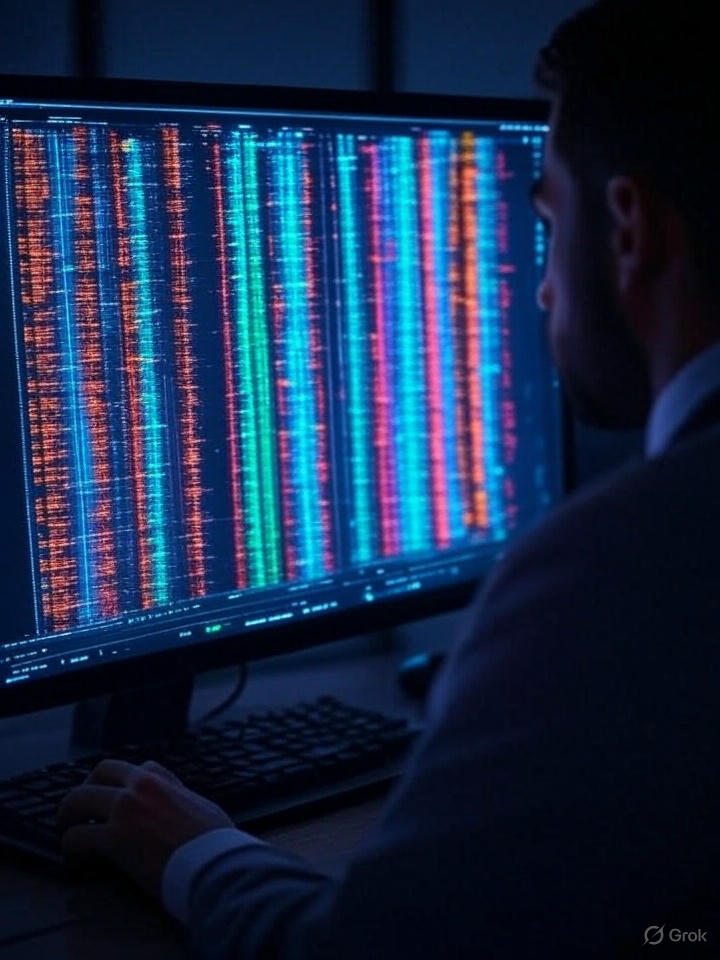 Analyst reviewing streams of data on a large monitor