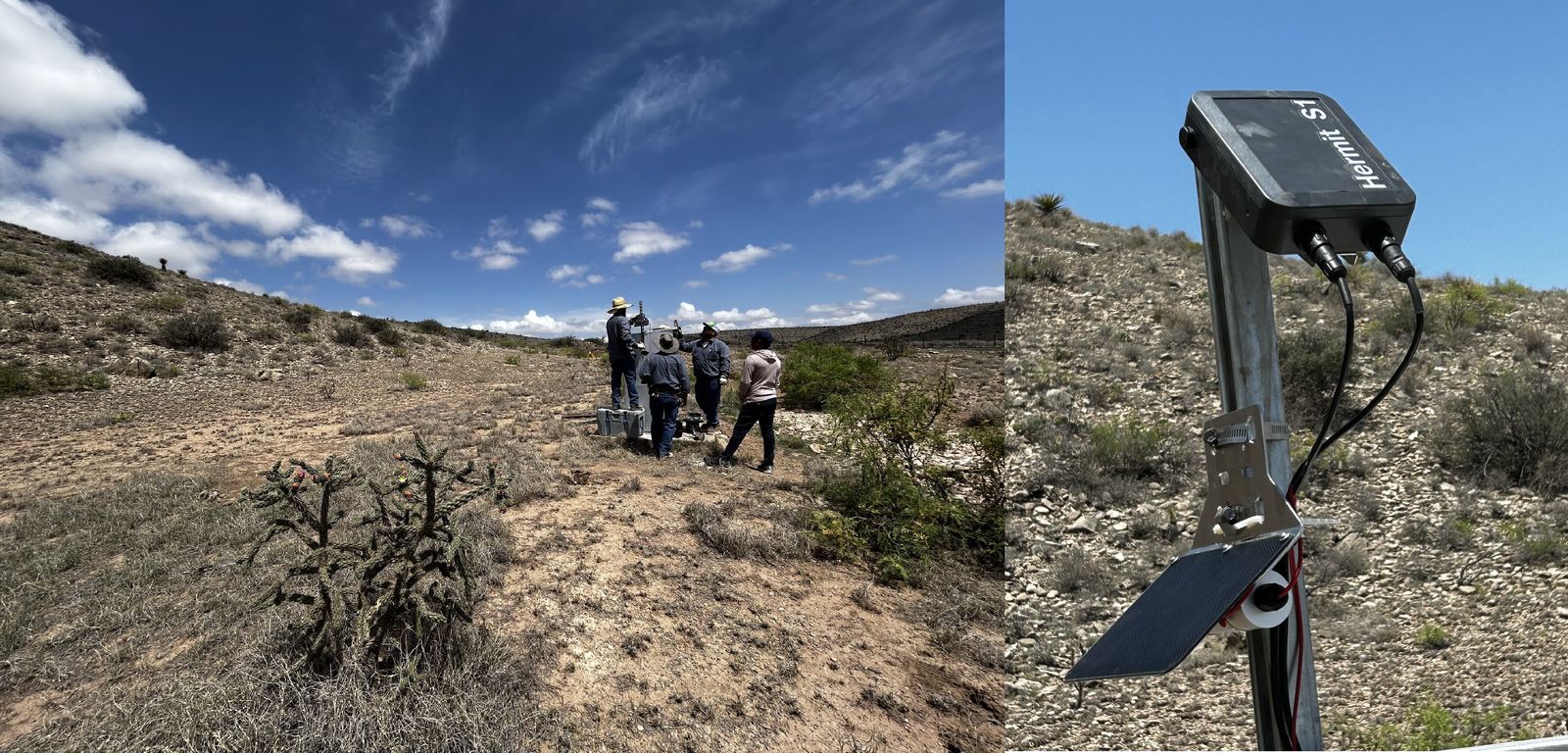 Field team at a remote dry site beside a solar-powered satellite telemetry unit