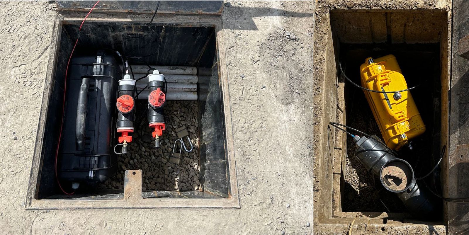 Open in-ground vaults showing a pressure transducer and multi-parameter sondes with cabling